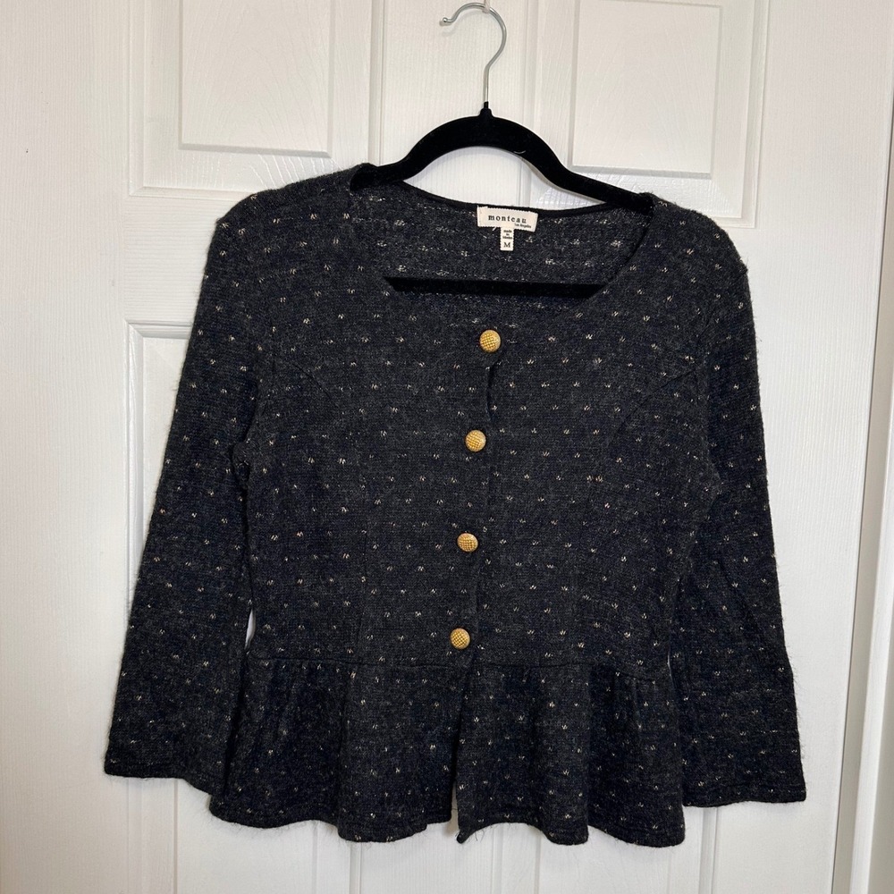 Monteau Los Angeles Gray Gold‎ Metallic Peplum Button Front Cardigan Sweater M